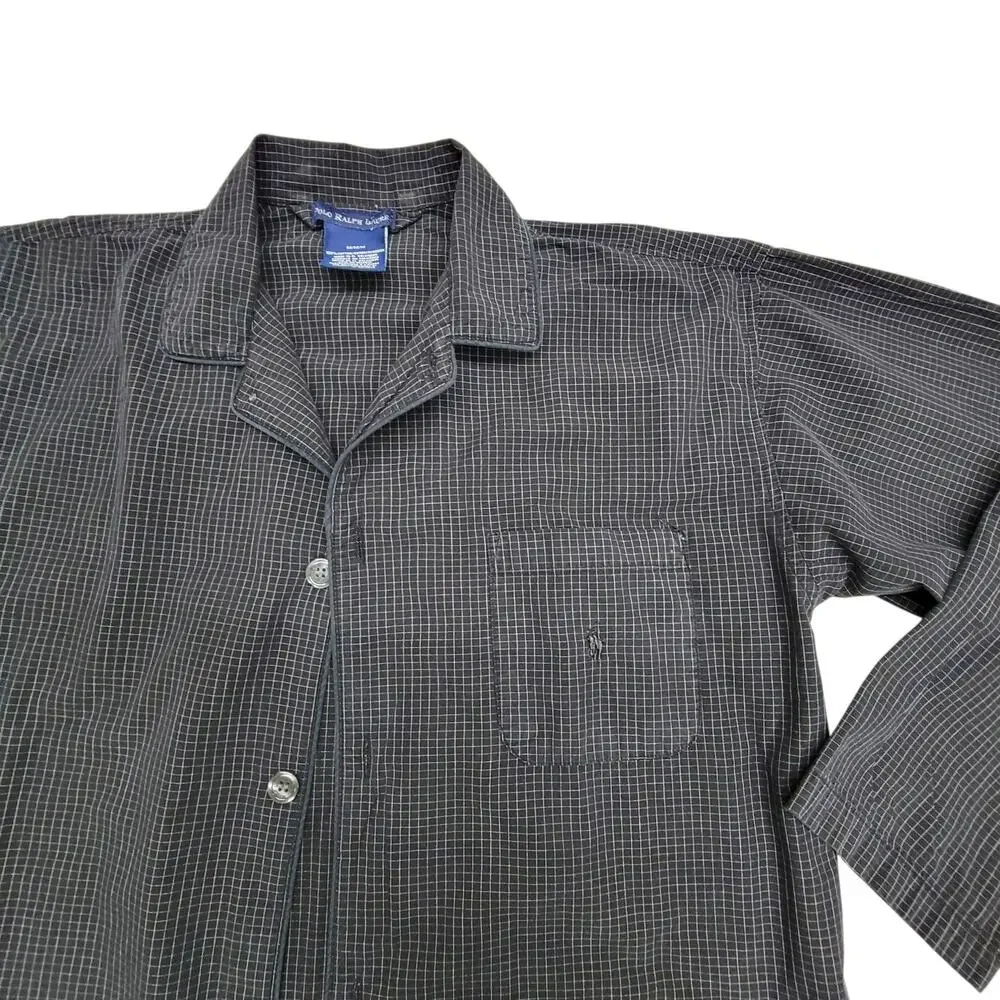 Polo Ralph Lauren Pajama Shirt Mens Medium Black Grid Check Sleepwear Button Up